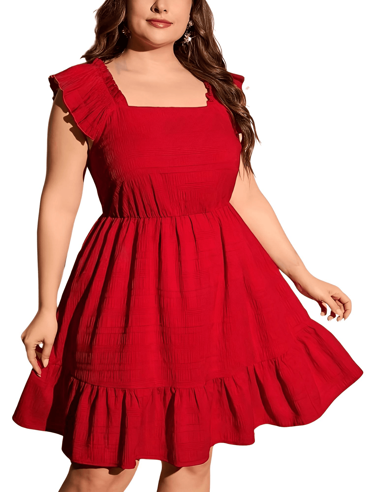 Women's Plus Size Ruffle Dress Summer Women Elegant Dress Casual Vacation Square Collar Ruffle Dresses, Dresses, Drestiny, Plus Size Dresses, Knee Length Dresses, Cap Sleeves, Short Sleeves, Red, United States, USA, Canada, Australia, New Zealand, United Kingdom, UK, 0XL, 1XL, 2XL, 3XL, 4XL, womens plus size tiered ruffle dress, plus size short ruffle dress, Red, Shopdrestiny.com