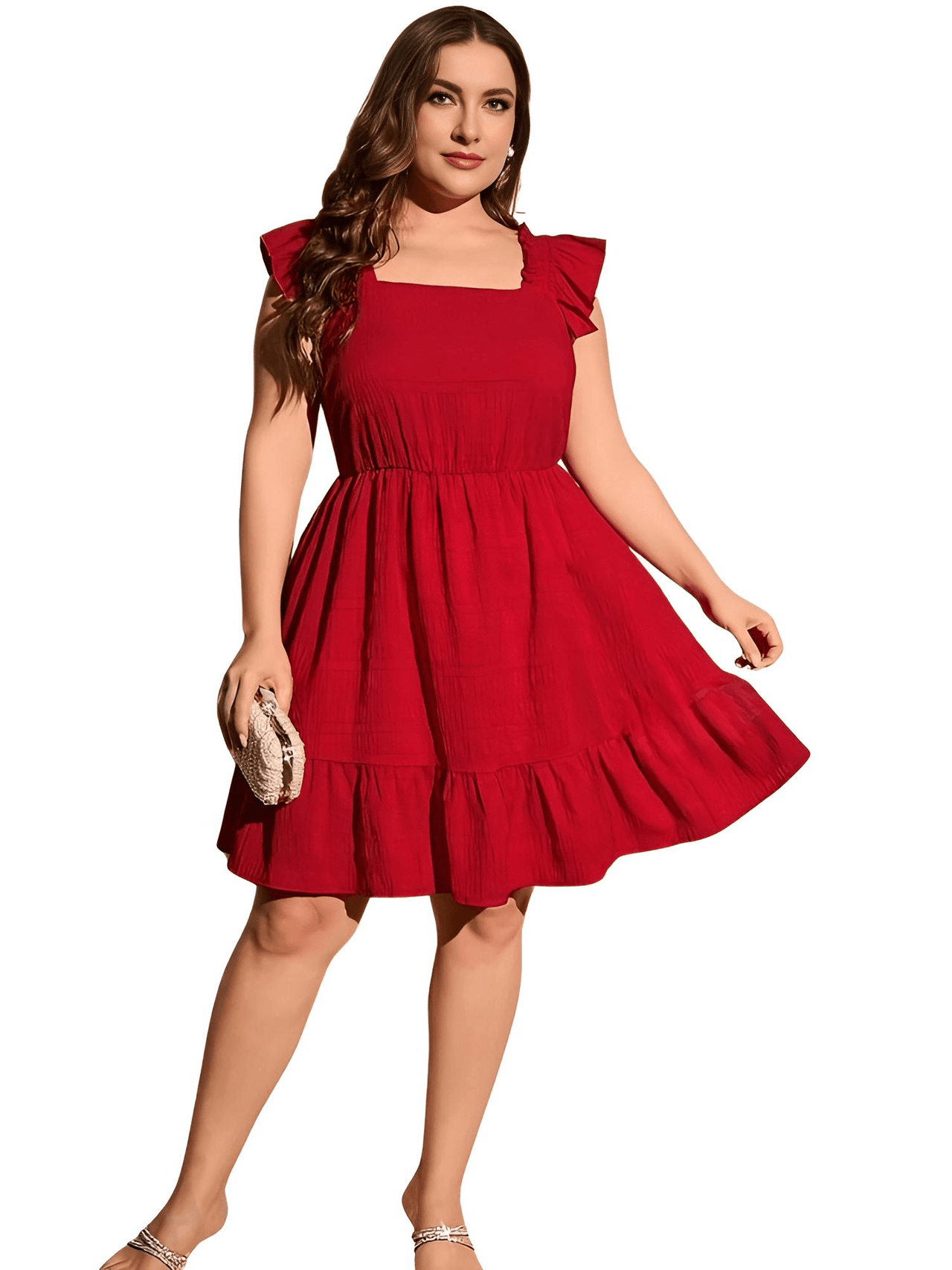 Women's Plus Size Ruffle Dress Summer Women Elegant Dress Casual Vacation Square Collar Ruffle Dresses, Dresses, Drestiny, Plus Size Dresses, Knee Length Dresses, Cap Sleeves, Short Sleeves, Red, United States, USA, Canada, Australia, New Zealand, United Kingdom, UK, 0XL, 1XL, 2XL, 3XL, 4XL, womens plus size tiered ruffle dress, plus size short ruffle dress, Red, Shopdrestiny.com