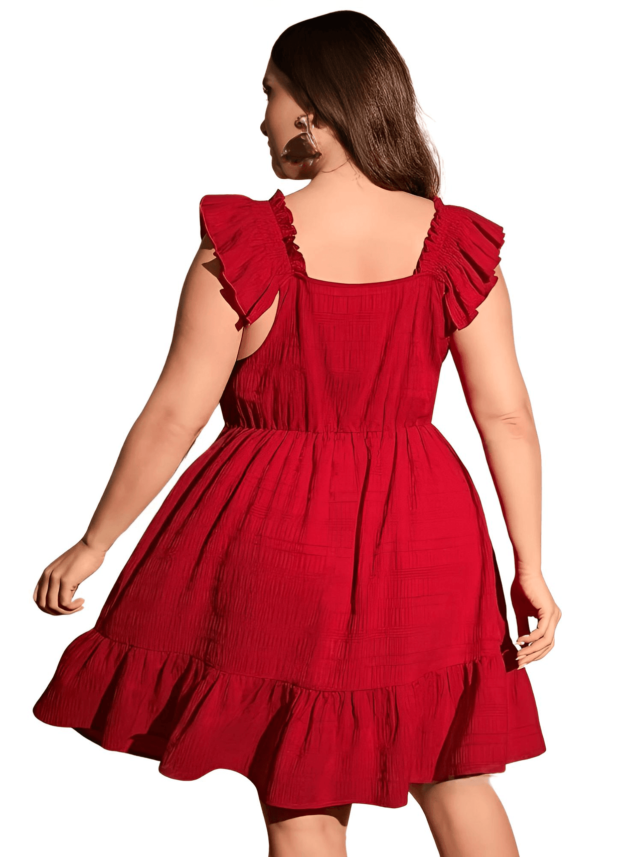 Women's Plus Size Ruffle Dress Summer Women Elegant Dress Casual Vacation Square Collar Ruffle Dresses, Dresses, Drestiny, Plus Size Dresses, Knee Length Dresses, Cap Sleeves, Short Sleeves, Red, United States, USA, Canada, Australia, New Zealand, United Kingdom, UK, 0XL, 1XL, 2XL, 3XL, 4XL, womens plus size tiered ruffle dress, plus size short ruffle dress, Red, Shopdrestiny.com