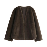 Thumbnail for Women's Plush Jacket Loose Casual Solid Overcoat Female Coat V-Neck Woman Outerwear Autumn Winter