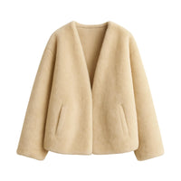 Thumbnail for Women's Plush Jacket Loose Casual Solid Overcoat Female Coat V-Neck Woman Outerwear Autumn Winter