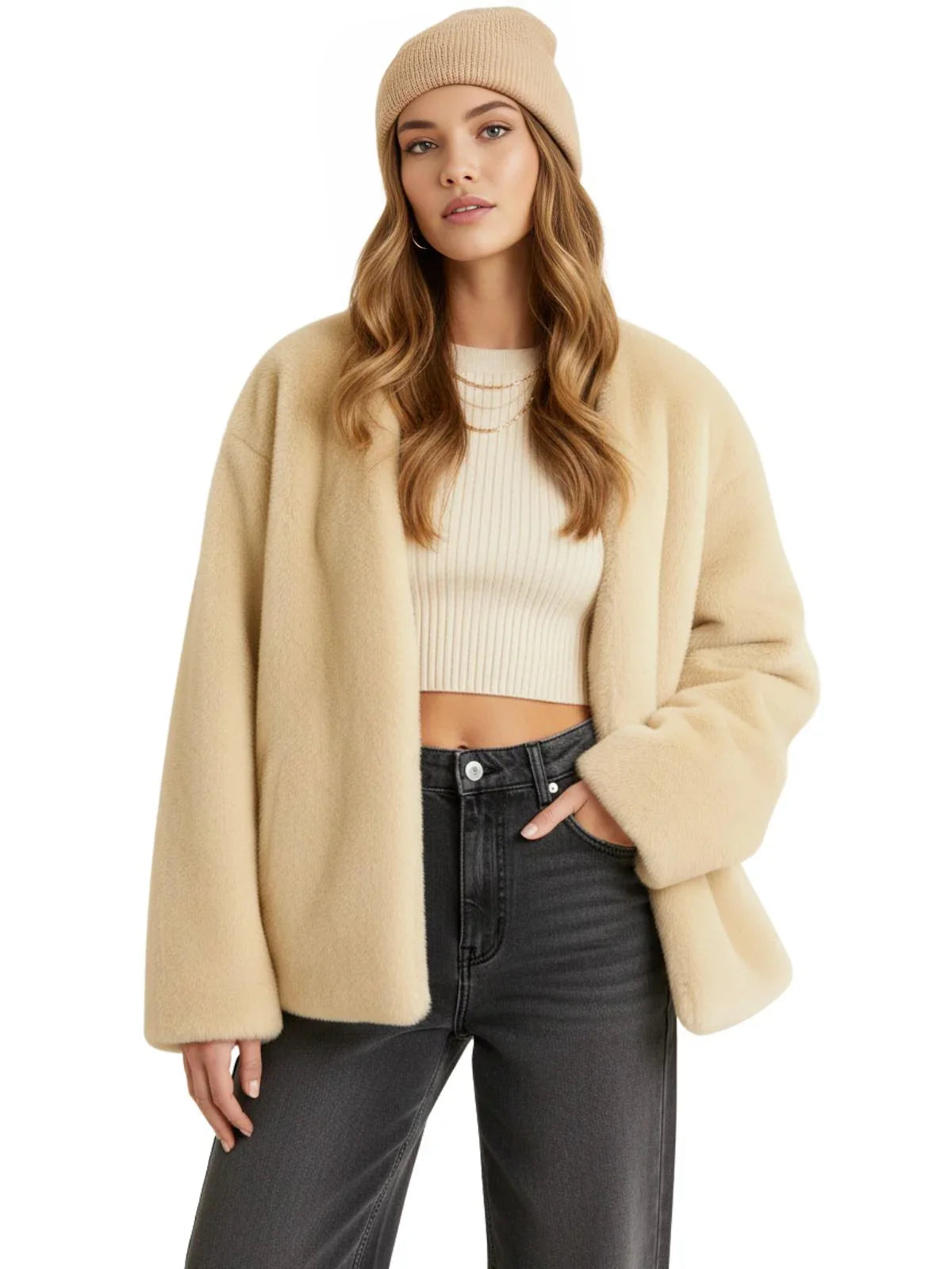 Women's Plush Jacket Loose Casual Solid Overcoat Female Coat V-Neck Woman Outerwear Autumn Winter