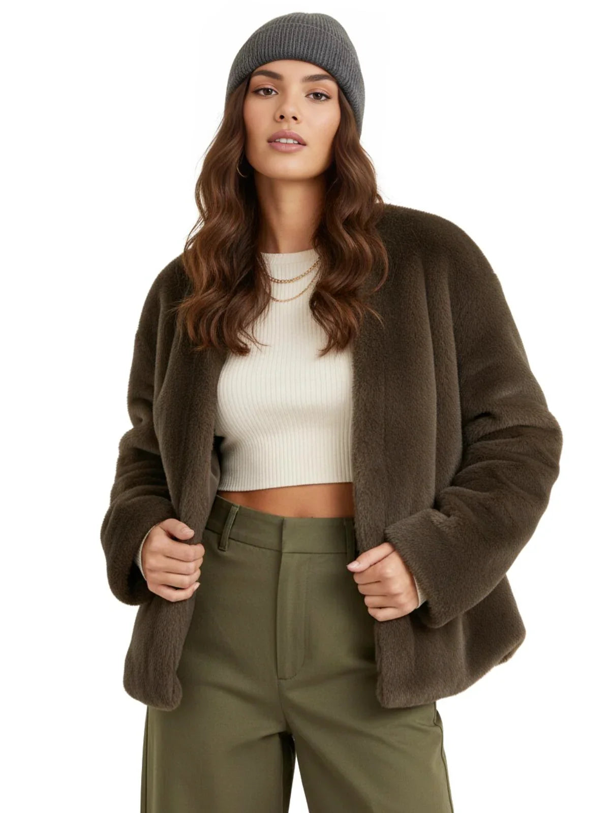 Women's Plush Jacket Loose Casual Solid Overcoat Female Coat V-Neck Woman Outerwear Autumn Winter