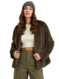 Thumbnail for Women's Plush Jacket Loose Casual Solid Overcoat Female Coat V-Neck Woman Outerwear Autumn Winter
