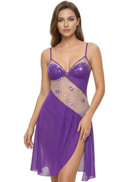 Thumbnail for Woman wearing a short purple nightgown with sheer floral embroidery lace inlay on a white background
