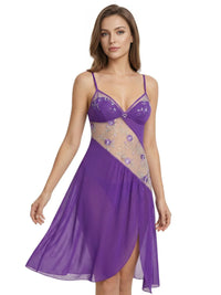 Thumbnail for Woman wearing a short purple nightgown with sheer floral embroidery lace inlay on a white background