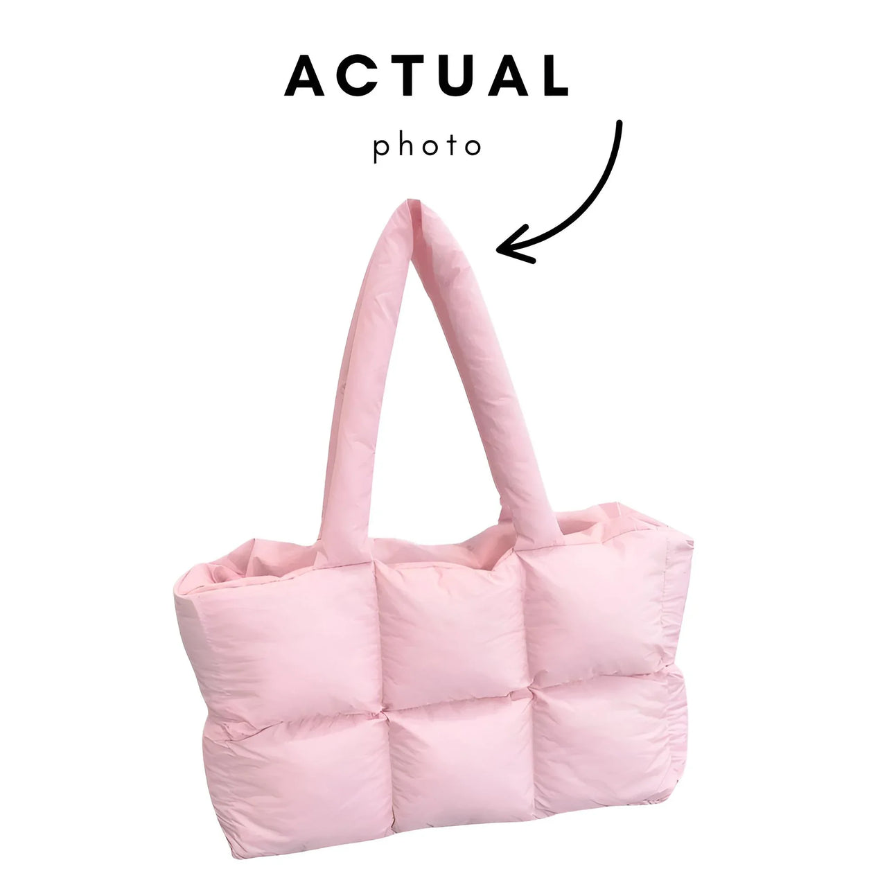 Pink puffer bag with 'Actual photo' text and arrow on a white background