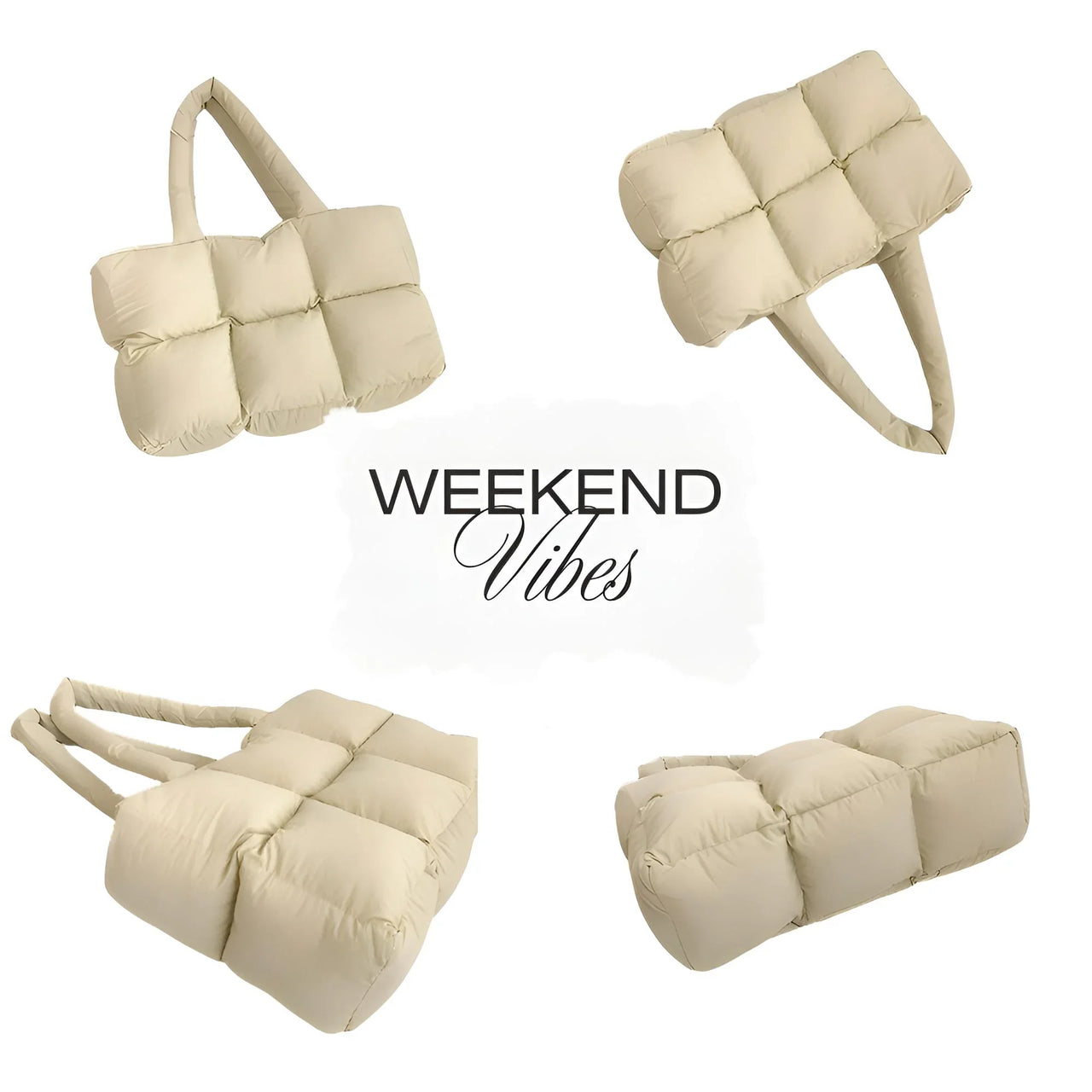 Khaki quilted bag angles with 'Weekend Vibes' text on a white background