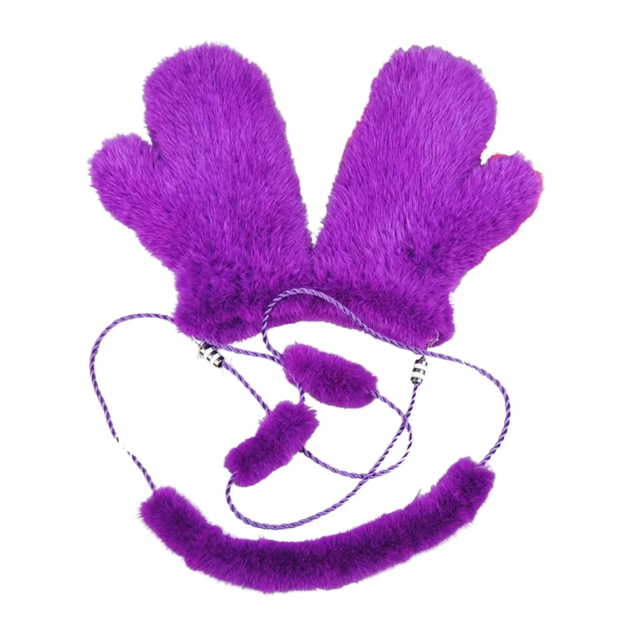 Pair of real mink purple mittens on a white background