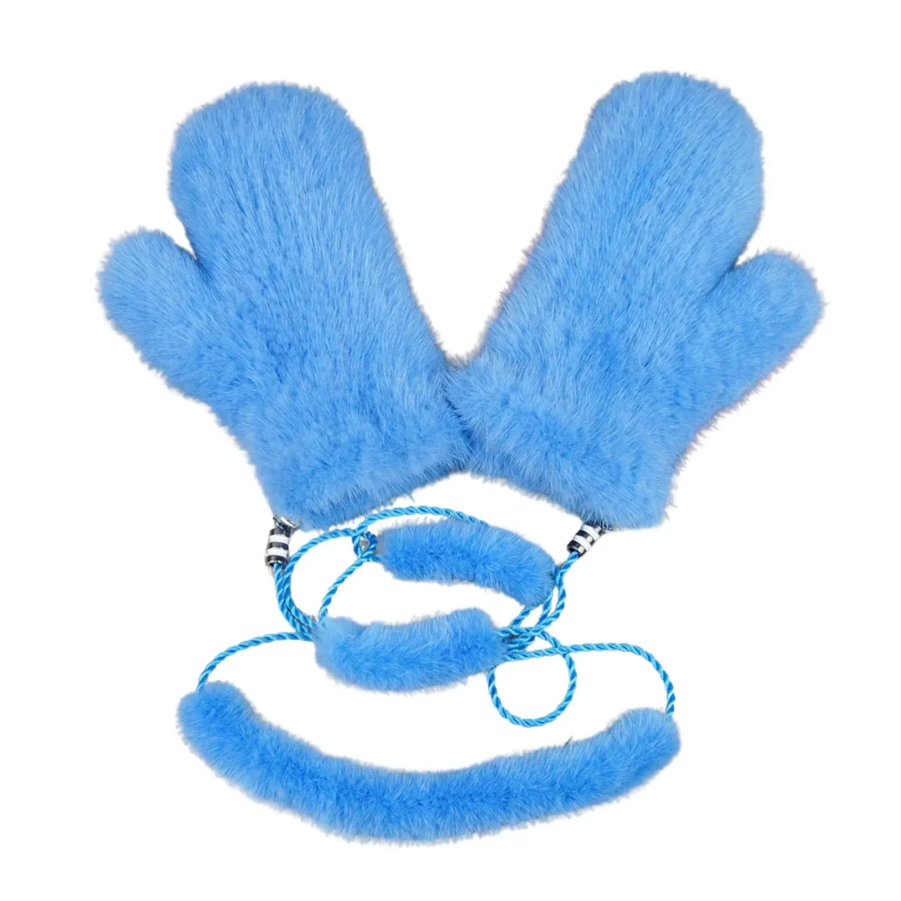 Pair of real mink fur blue mittens on a white background