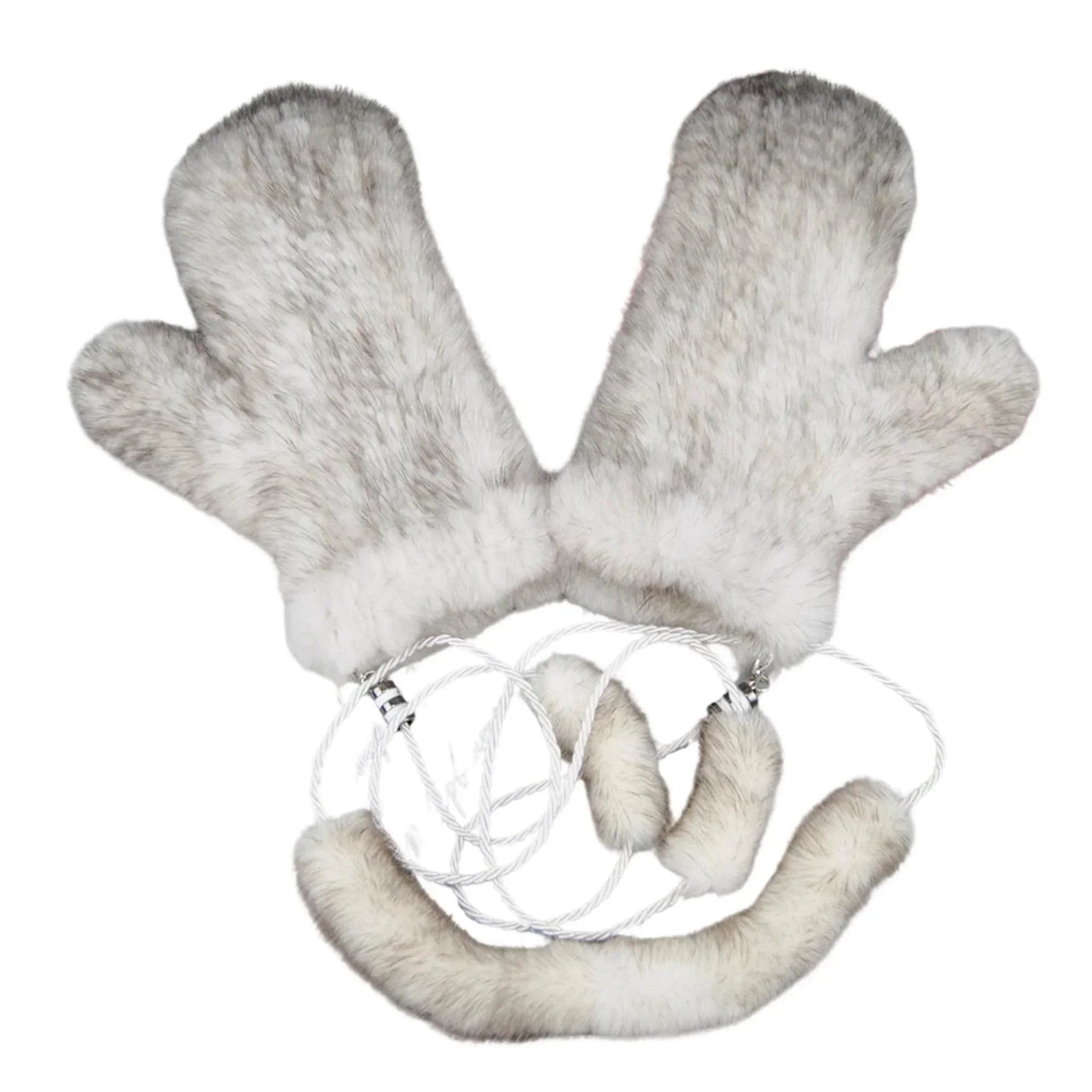 Pair of real mink fur white black mixed mittens on a white background