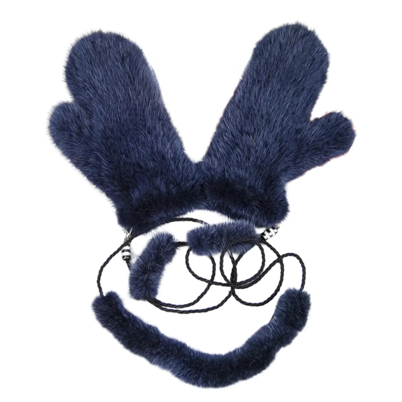 Pair of real mink fur dark blue mittens on a white background