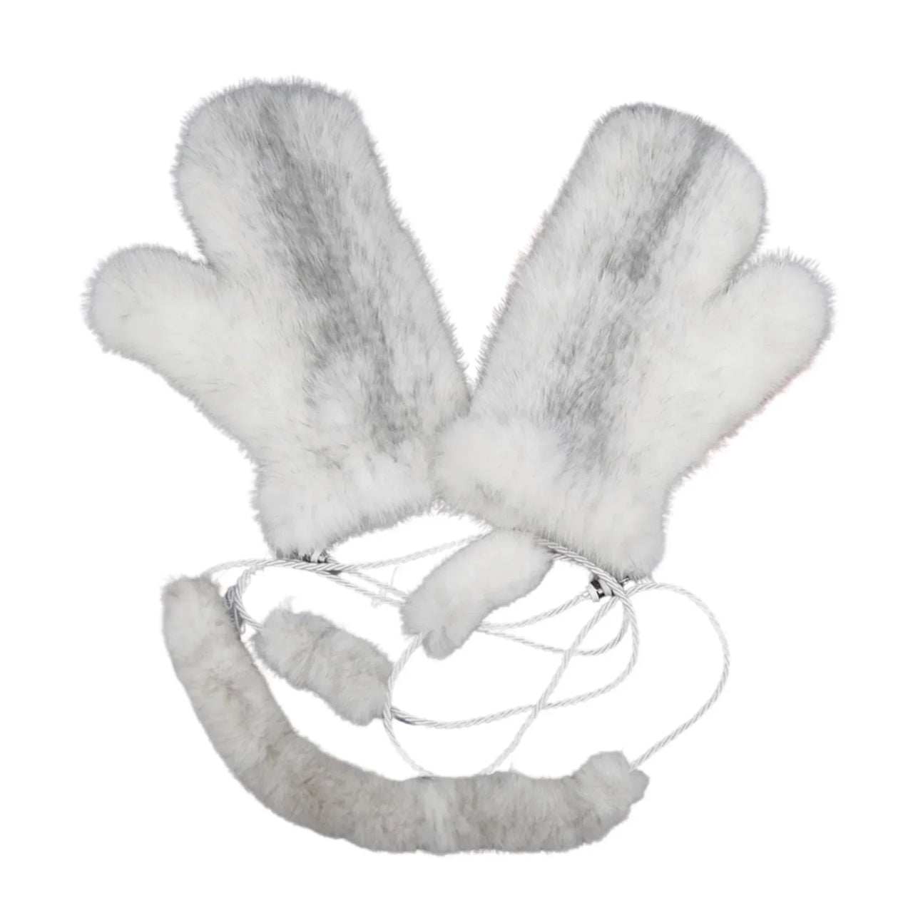 Pair of real mink fur cross mink white mittens on a white background