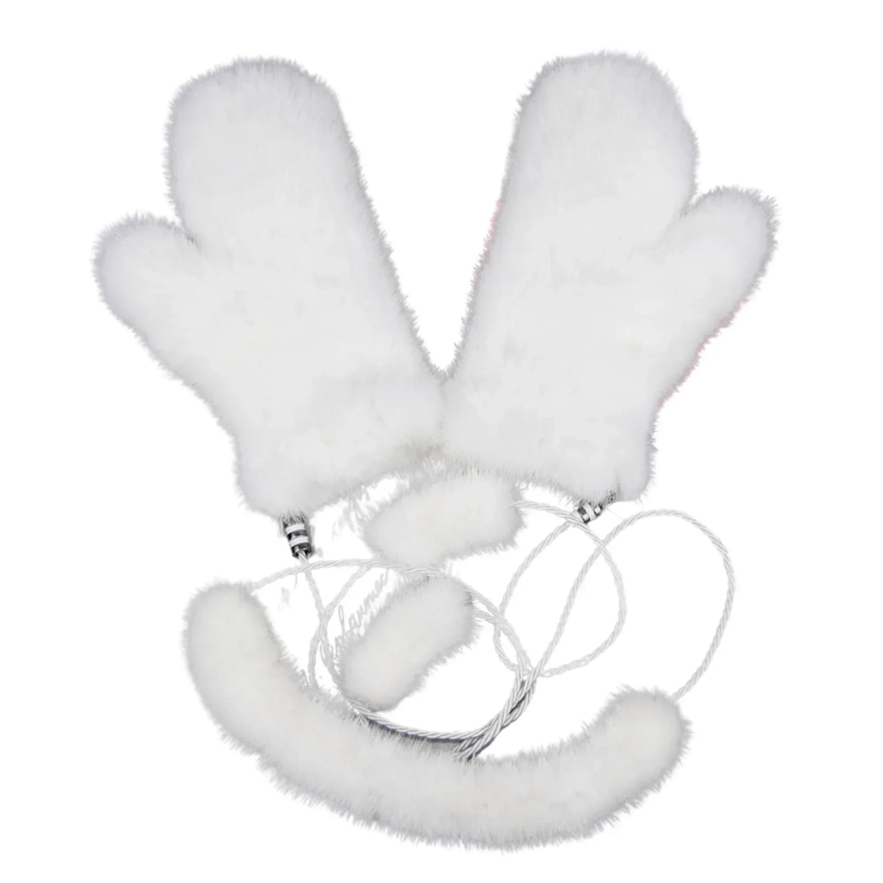 Pair of real mink fur white mittens on a white background