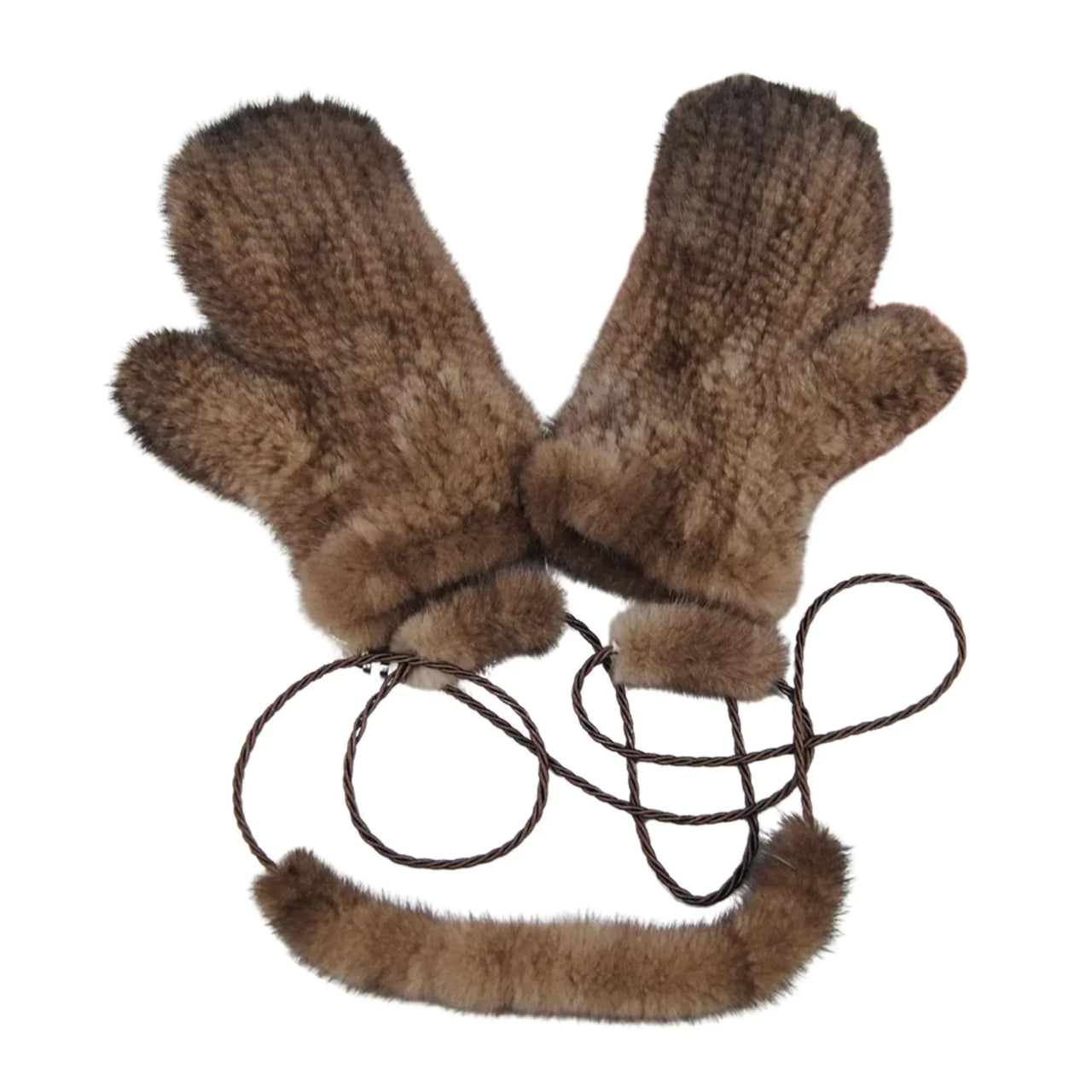 Pair of brown real mink fur mittens on a white background