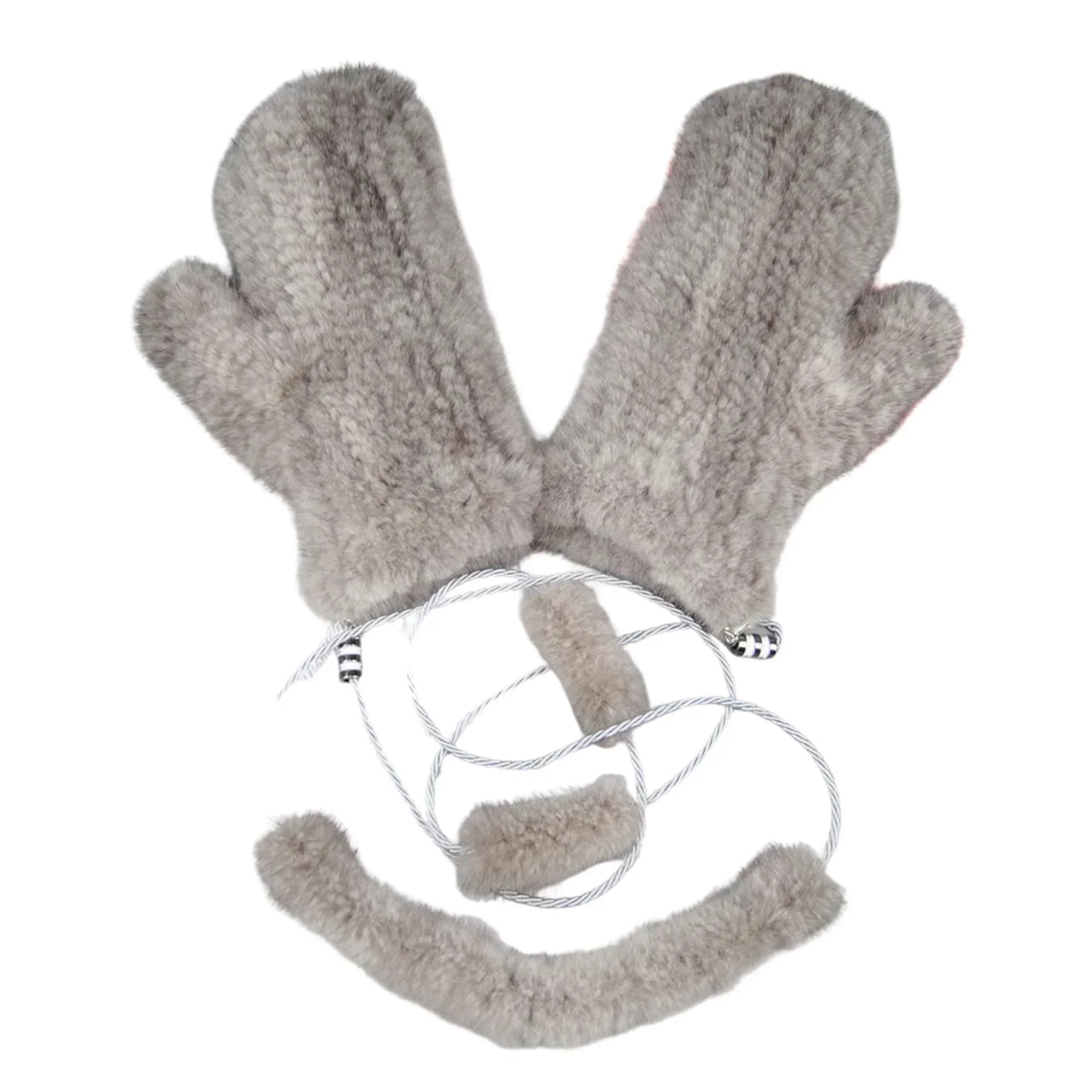 Pair of real mink fur grey beige mittens on a white background