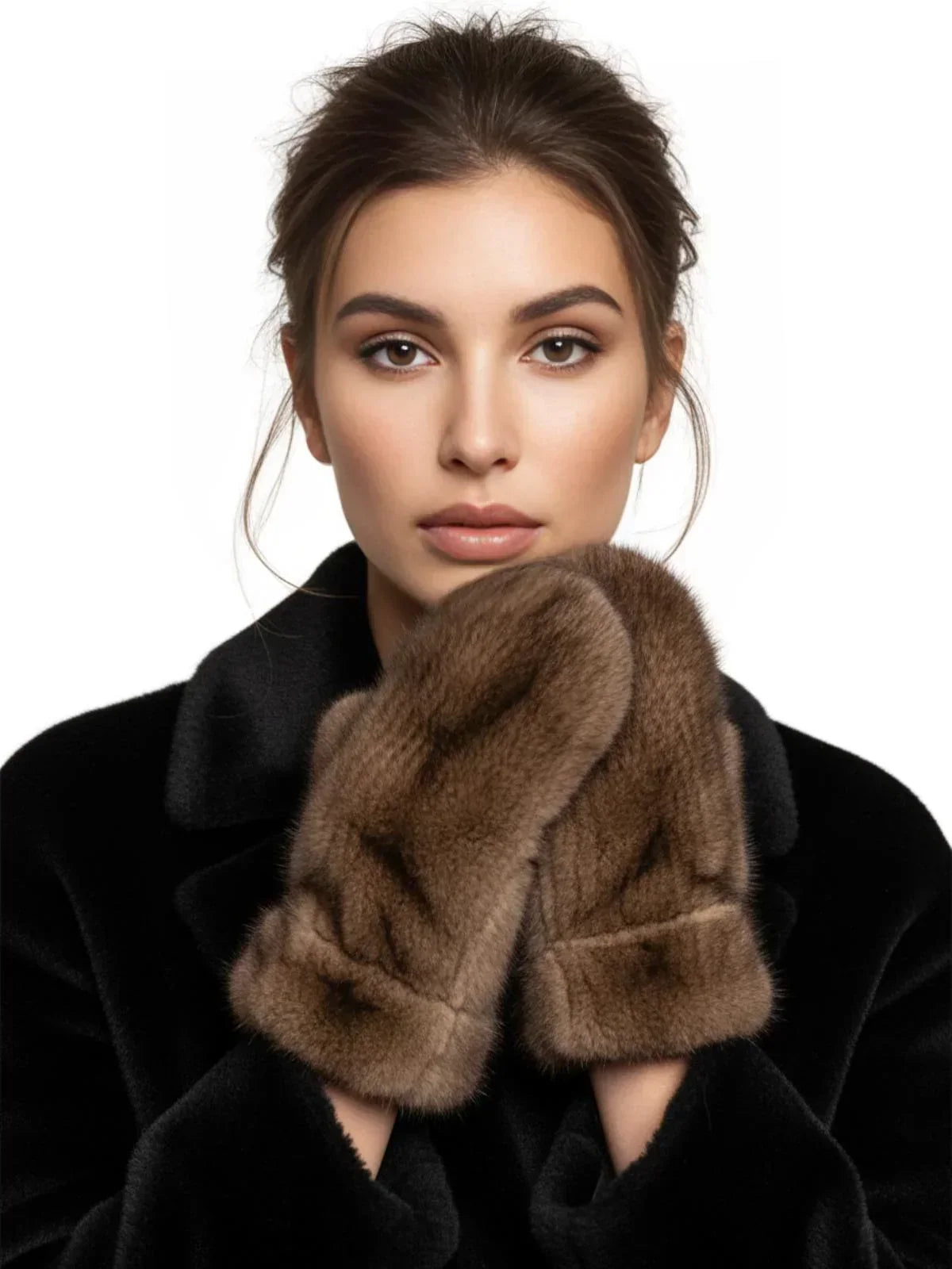 Woman wearing real mink brown fur gloves against a white background