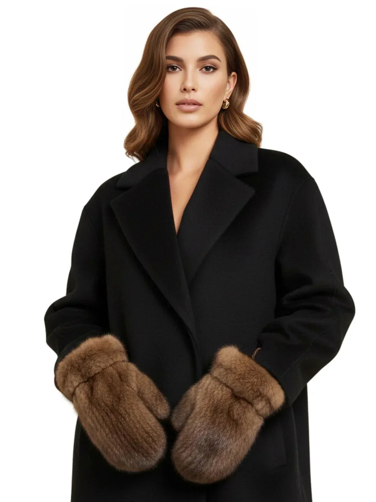 Woman wearing a black coat and brown real mink fur mittens on a white background