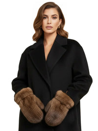 Thumbnail for Woman wearing a black coat and brown real mink fur mittens on a white background