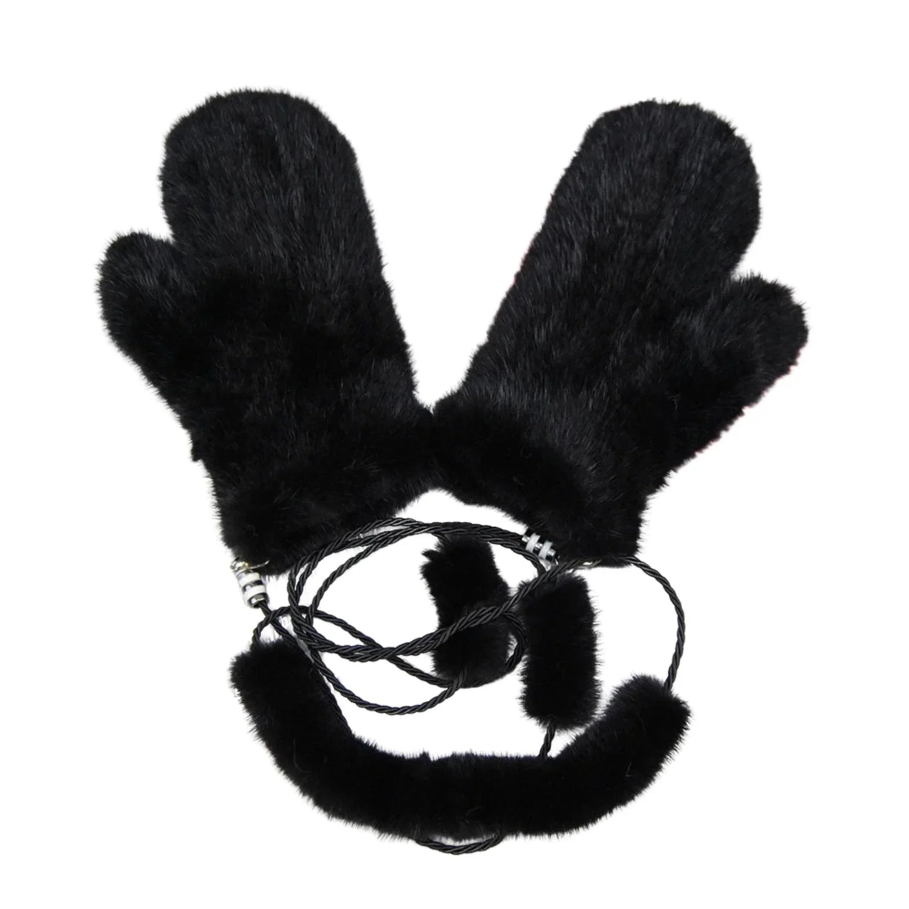 Black real mink fur mittens on a white background
