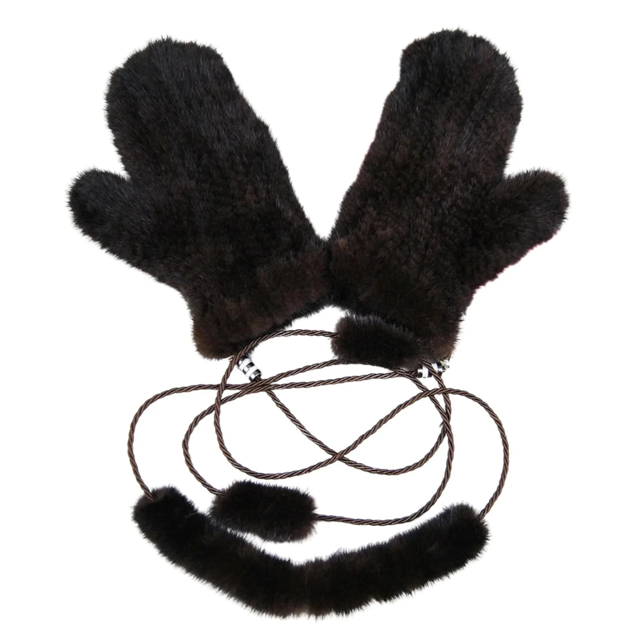 Pair of black real mink mittens on a white background.