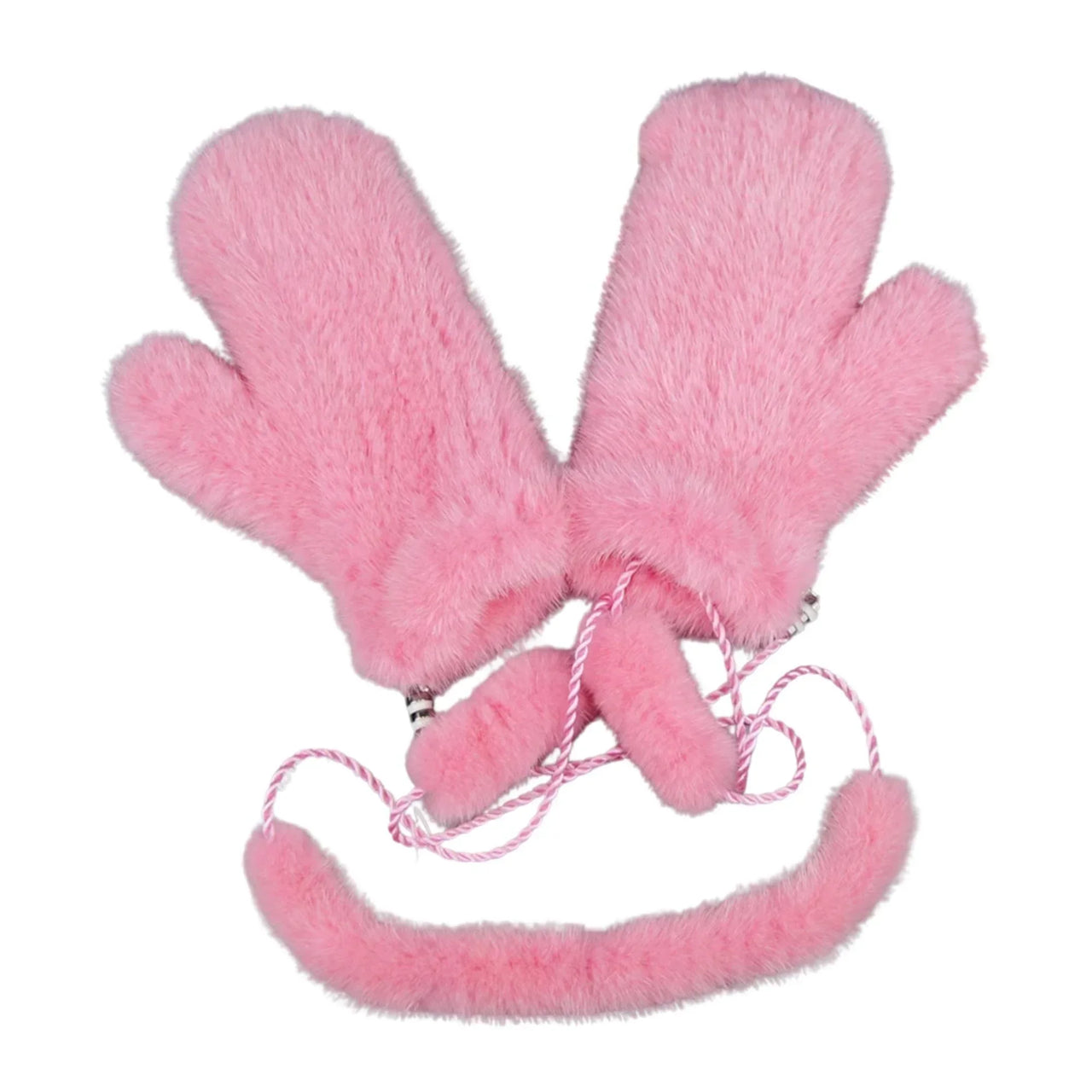 Pair of real mink pink mittens on a white background