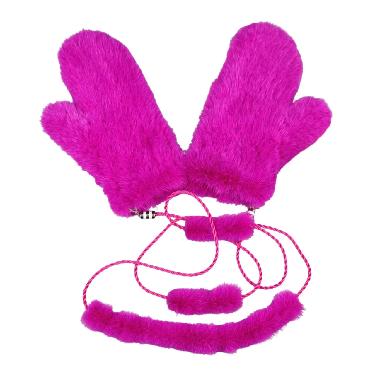 Pair of real mink hot pink mittens on a white background