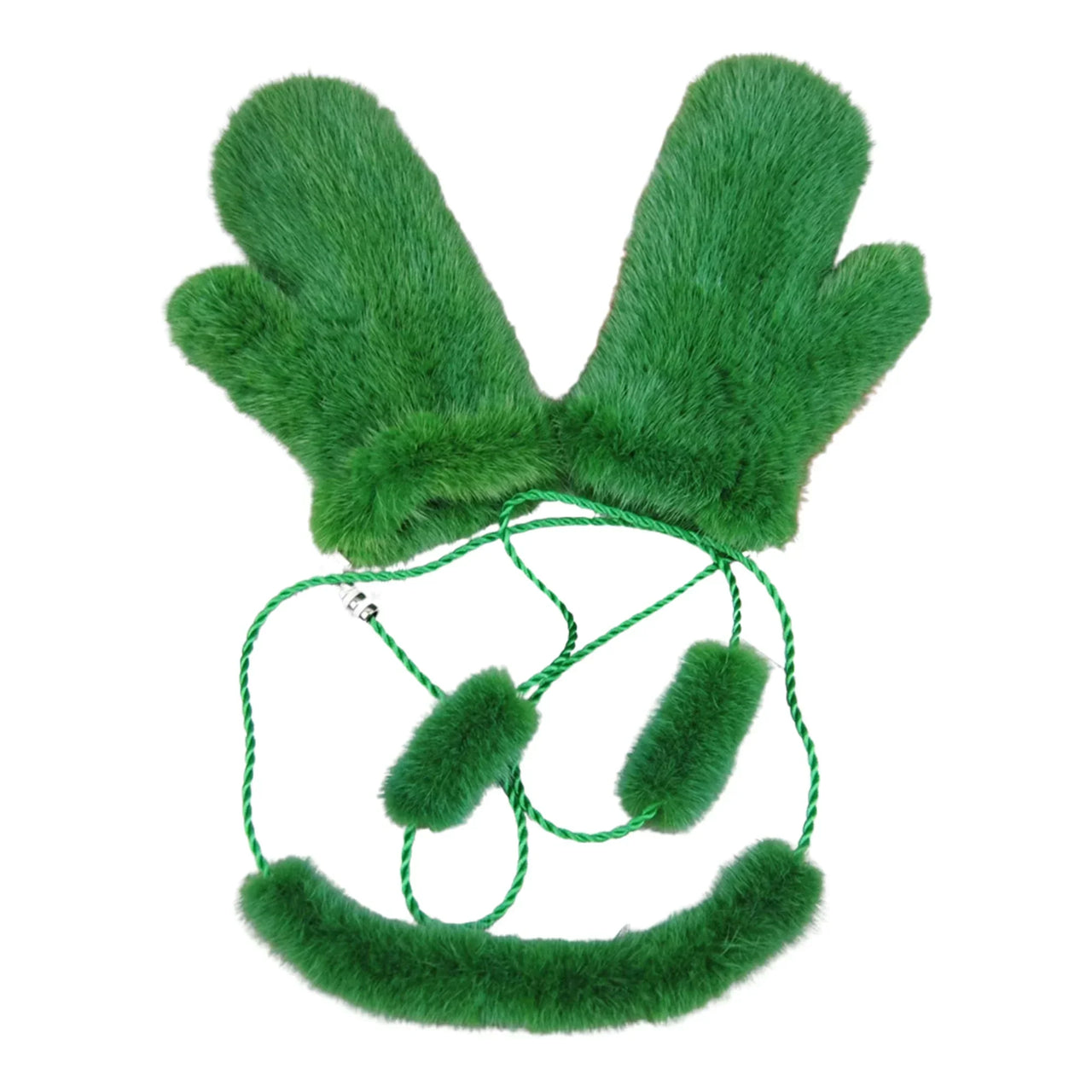 Pair of real mink green mittens on a white background
