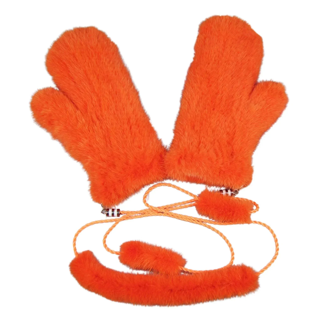 Pair of real mink orange mittens on a white background