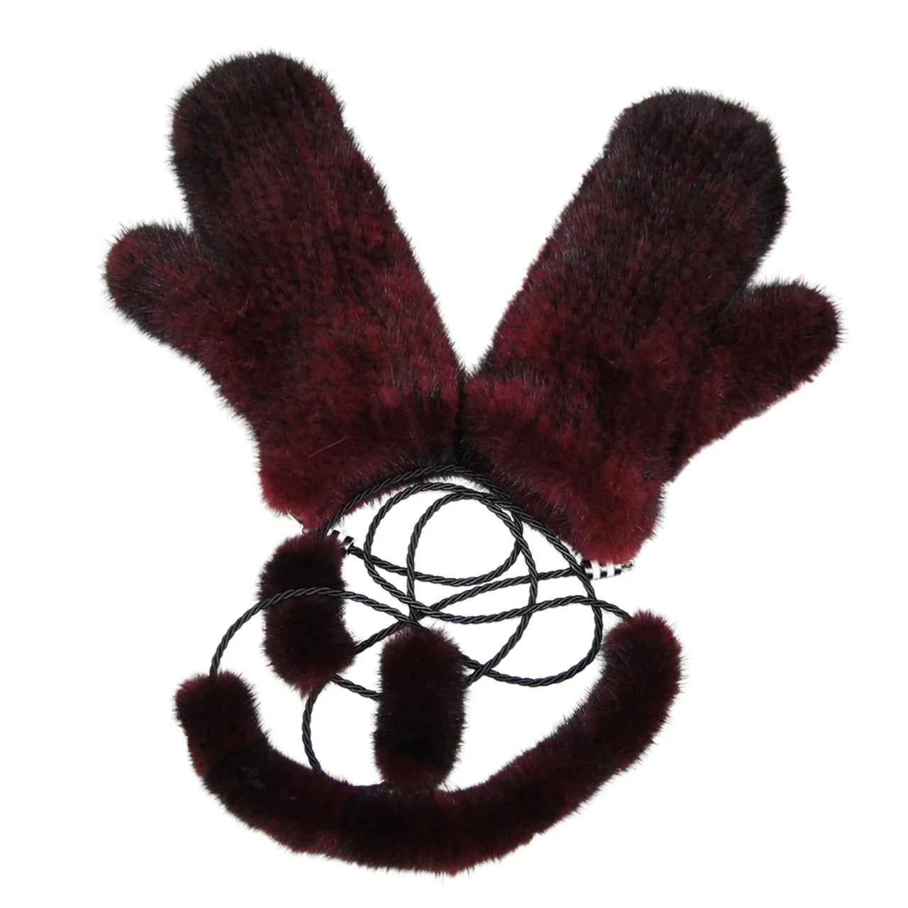 Pair of real mink wine red mittens on a white background