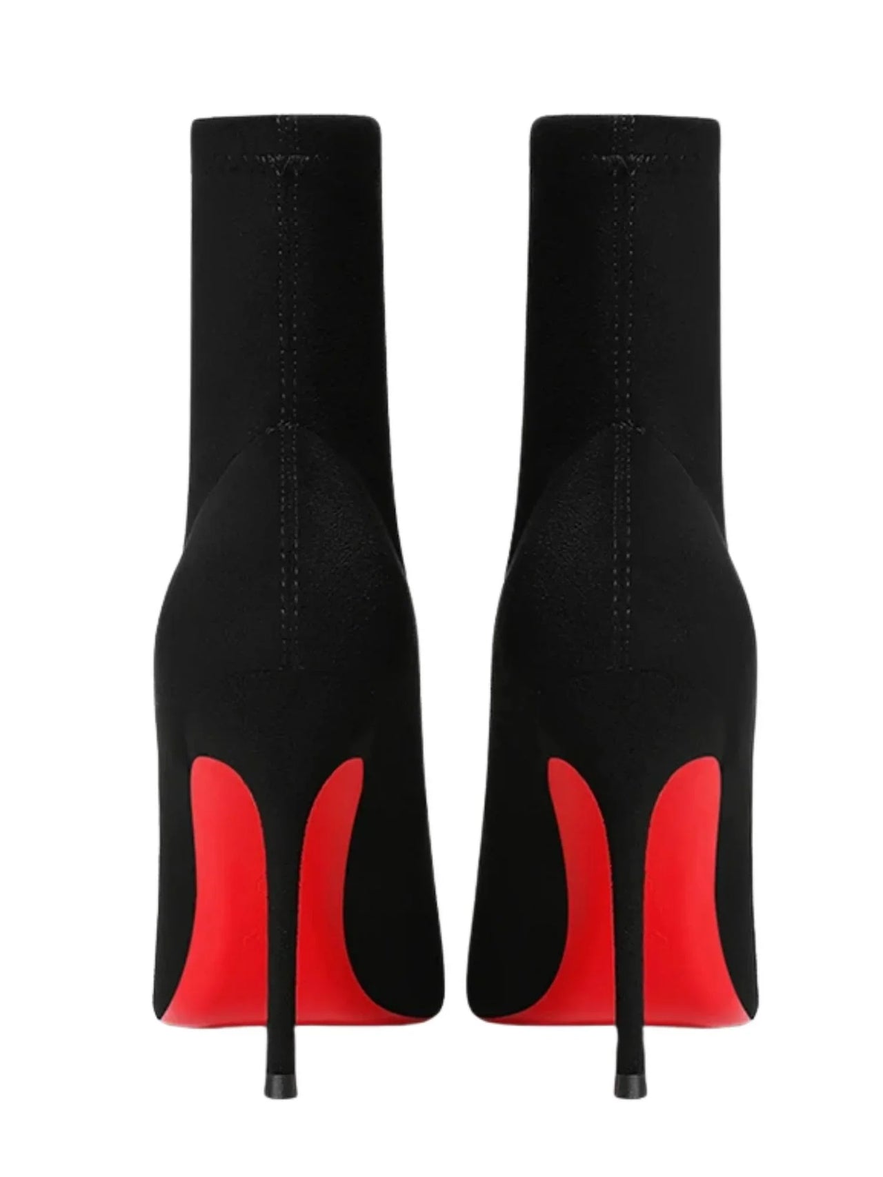 Black high-heel Ankle Boots with red soles on a white background