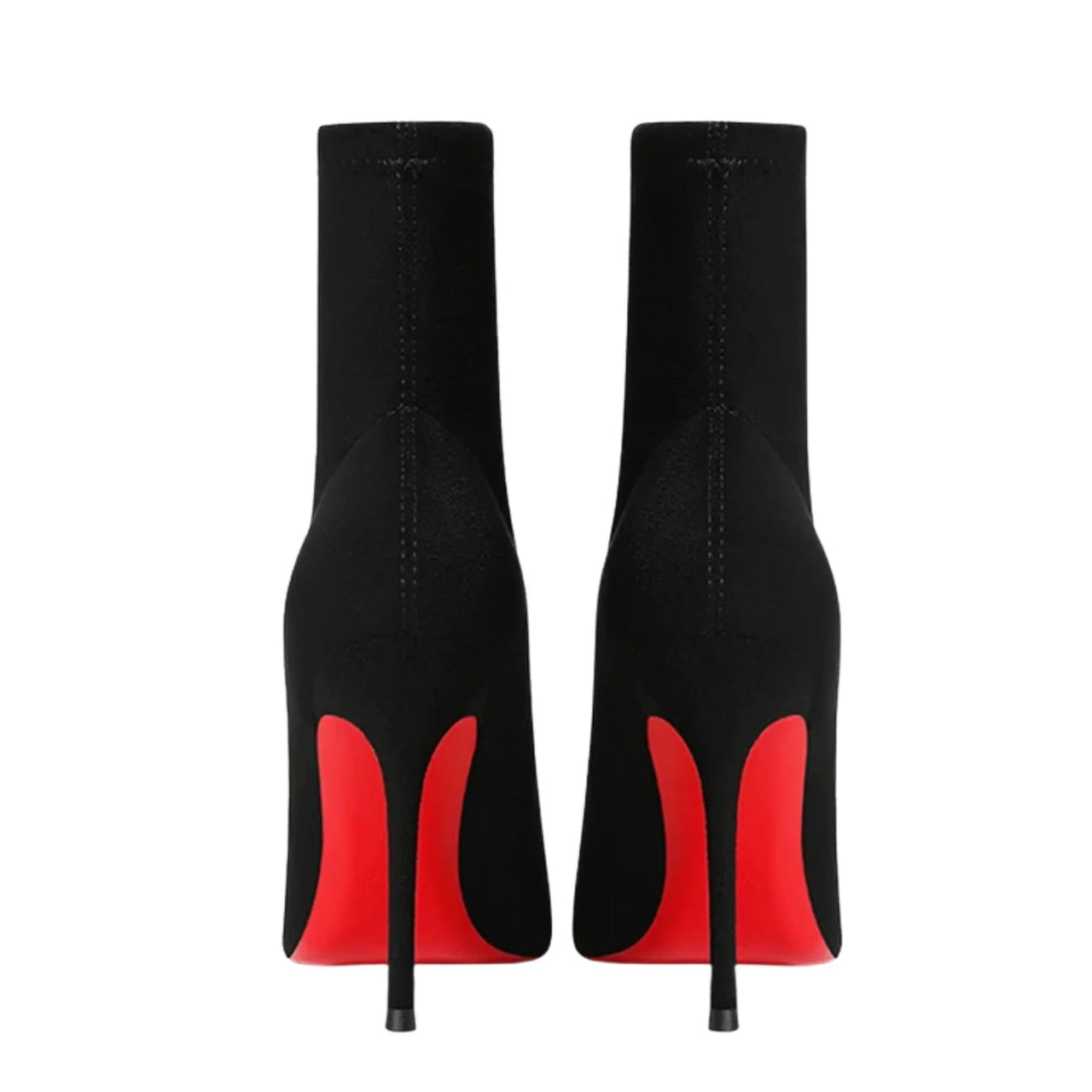 Black high-heel Ankle Boots with red soles on a white background