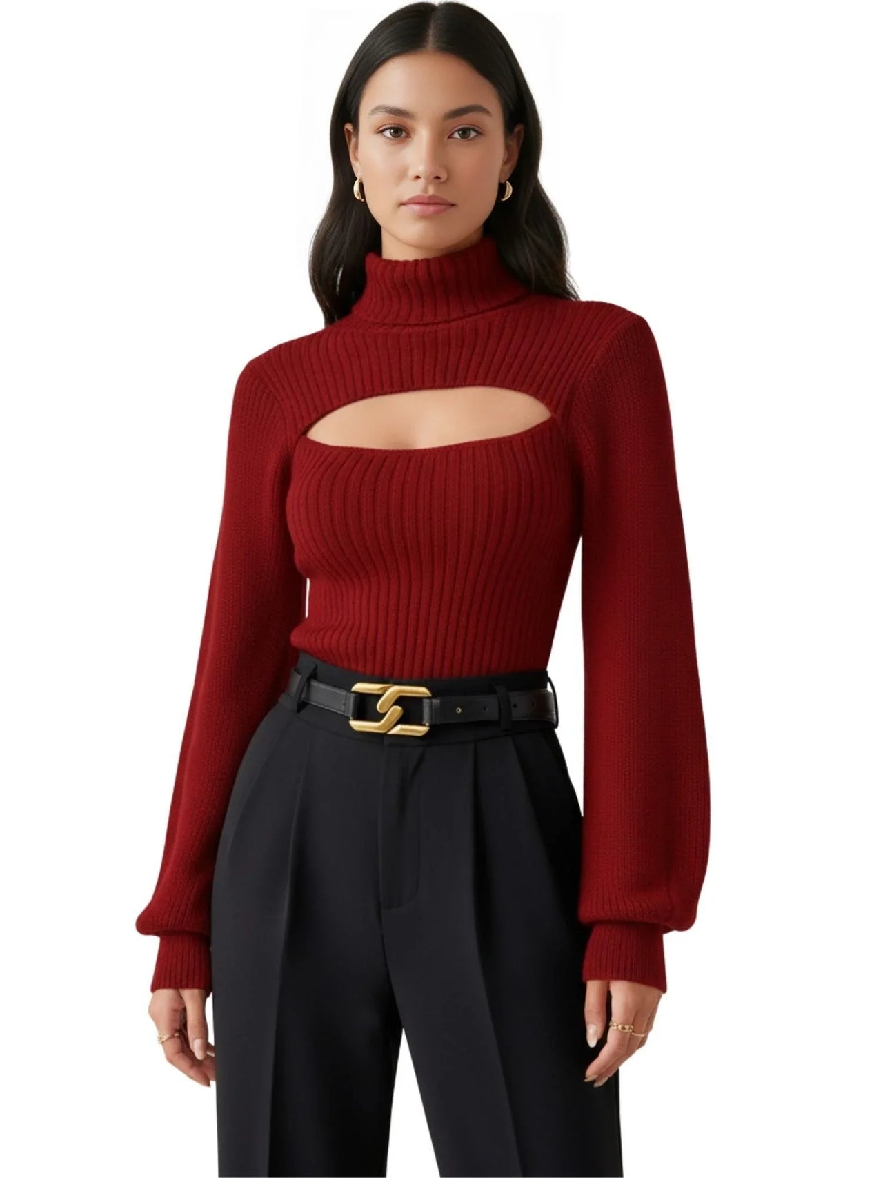 Women's Cut-Out Turtleneck Sweater High Fashion Long Sleeves Tight Knit Tops Cut Out Sweater
