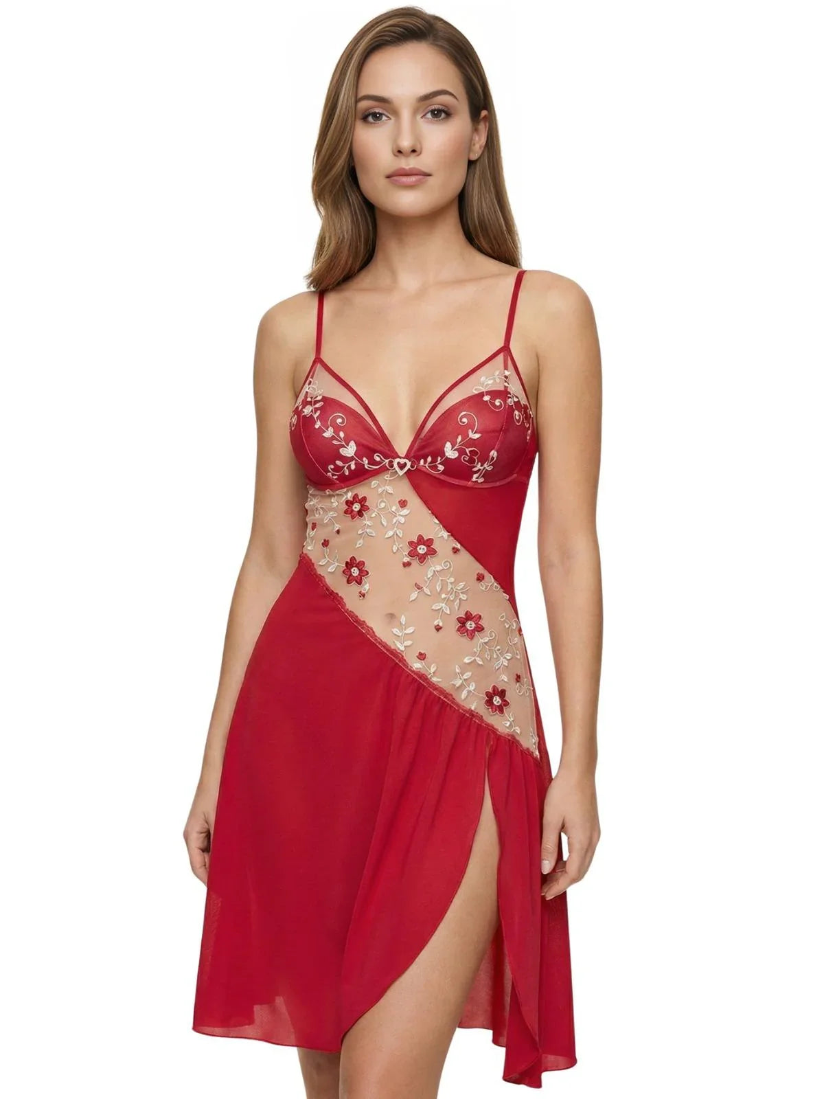 Woman wearing a sheer red nightgown with floral embroidery lace inlay on a white background