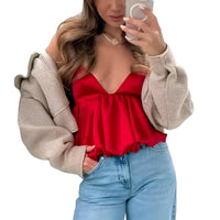 Thumbnail for Women's Red Puff Crop Top Summer Slip Tanks & Camisoles Sexy Cropped Off Shoulder Sleeveless Top Backless Tank Tops, Crop Tops, Tank Tops, Camisoles, Sleeveless, Casual Shirts, Red, XS, S, M, L, United States, USA, Canada, Australia, New Zealand, United Kingdom, UK, red crop top, date night top red, red crop top UK, going out tops red, bardot crop top red, shopdrestiny.com