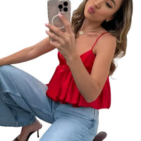 Thumbnail for Women's Red Puff Crop Top Summer Slip Tanks & Camisoles Sexy Cropped Off Shoulder Sleeveless Top Backless Tank Tops, Crop Tops, Tank Tops, Camisoles, Sleeveless, Casual Shirts, Red, XS, S, M, L, United States, USA, Canada, Australia, New Zealand, United Kingdom, UK, red crop top, date night top red, red crop top UK, going out tops red, bardot crop top red, shopdrestiny.com