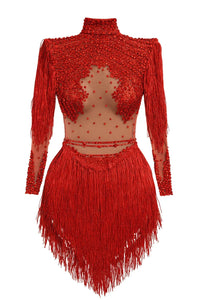 Thumbnail for Red fringe dress with sheer top on a white background