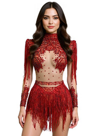 Thumbnail for Red beaded and fringed outfit on a model against a white background