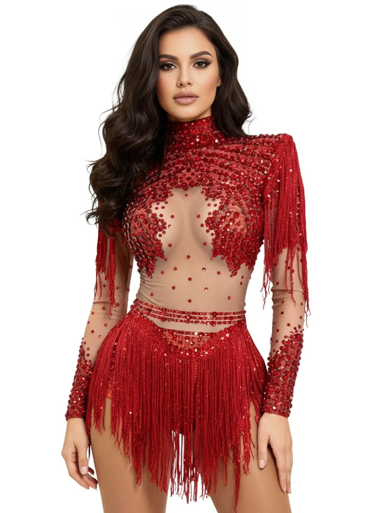 Red sequin and fringe dress worn by a model on a white background