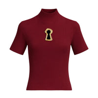 Thumbnail for Red ribbed turtleneck top with a keyhole cutout design on a white background