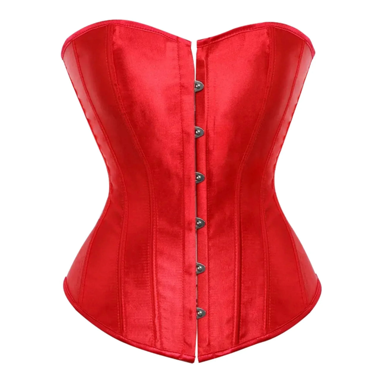 Red satin corset with button details on a white background