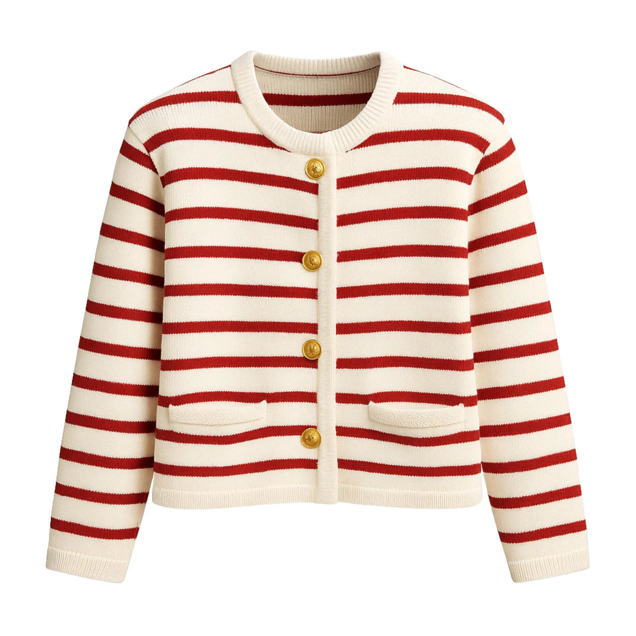 Women's red and white striped cardigan with gold buttons on a white background