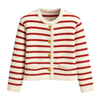 Thumbnail for Women's red and white striped cardigan with gold buttons on a white background