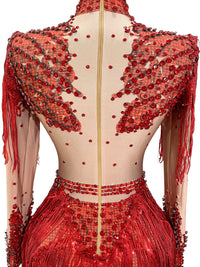 Thumbnail for Red beaded outfit with sheer panels on a white background
