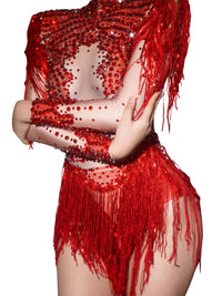 Thumbnail for Red sequin and fringe outfit on a white background