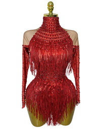 Thumbnail for Women's Rhinestone Sequin Bodysuit 2025 Tassel Birthday Party Nightclub Stage Performance Costume, Drestiny, Long sleeves, Mini Dresses, Bodysuits, XS, S, M, L, XL, United States, USA, Canada, Australia, New Zealand, United Kingdom, UK, Silver, White, Red, Hot Red, Gold, sequin bodysuit, rhinestone bodysuit, Clubwear Bodysuit, sparkly bodysuit, Glitter Bodysuit Women's, shopdrestiny.com