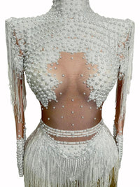 Thumbnail for Women's Rhinestone Sequin Bodysuit 2025 Tassel Birthday Party Nightclub Stage Performance Costume, Drestiny, Long sleeves, Mini Dresses, Bodysuits, XS, S, M, L, XL, United States, USA, Canada, Australia, New Zealand, United Kingdom, UK, Silver, White, Red, Hot Red, Gold, sequin bodysuit, rhinestone bodysuit, Clubwear Bodysuit, sparkly bodysuit, Glitter Bodysuit Women's, shopdrestiny.com