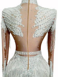 Thumbnail for Women's Rhinestone Sequin Bodysuit 2025 Tassel Birthday Party Nightclub Stage Performance Costume, Drestiny, Long sleeves, Mini Dresses, Bodysuits, XS, S, M, L, XL, United States, USA, Canada, Australia, New Zealand, United Kingdom, UK, Silver, White, Red, Hot Red, Gold, sequin bodysuit, rhinestone bodysuit, Clubwear Bodysuit, sparkly bodysuit, Glitter Bodysuit Women's, shopdrestiny.com