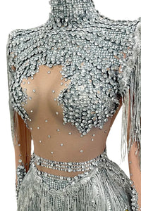Thumbnail for Silver beaded top with fringe details on a mannequin against a white background