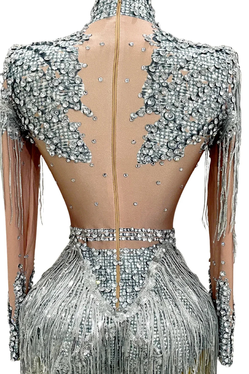 Silver beaded and fringed outfit with a sheer back